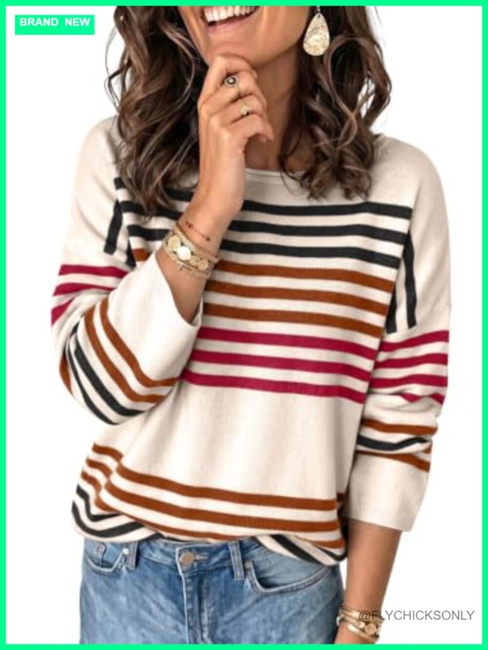 Oversized Striped Crewneck Pullover Sweater Long Sleeve Knit Top